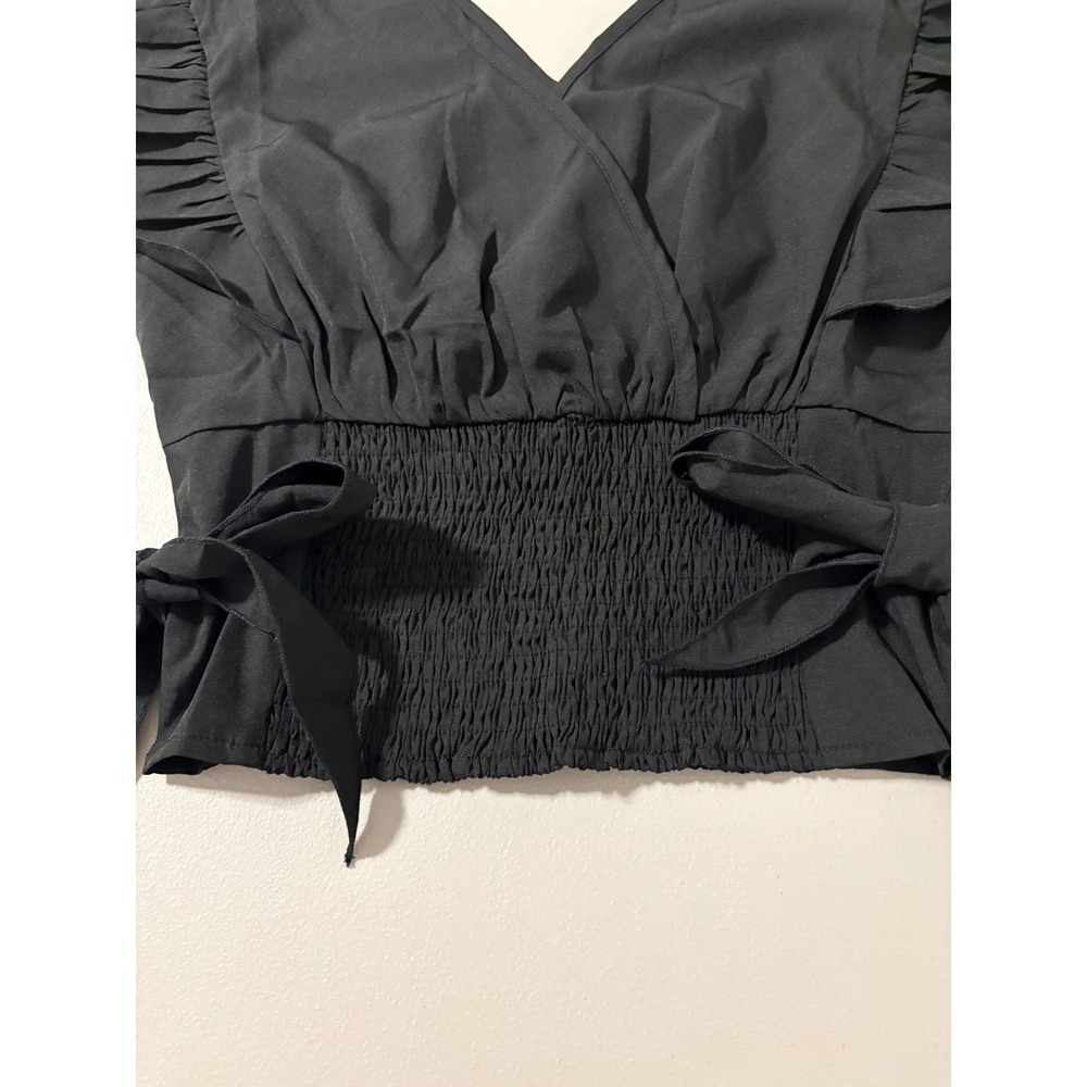 Black Ruffle Sleeve Smocked Waist Wrap Front Crop‎ Top Elegant Feminine SZ S - Picture 6 of 7